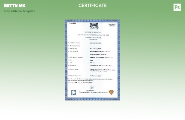 Модерен стил шаблон за уверение за смрт во Боцвана во шаблон PSD формат